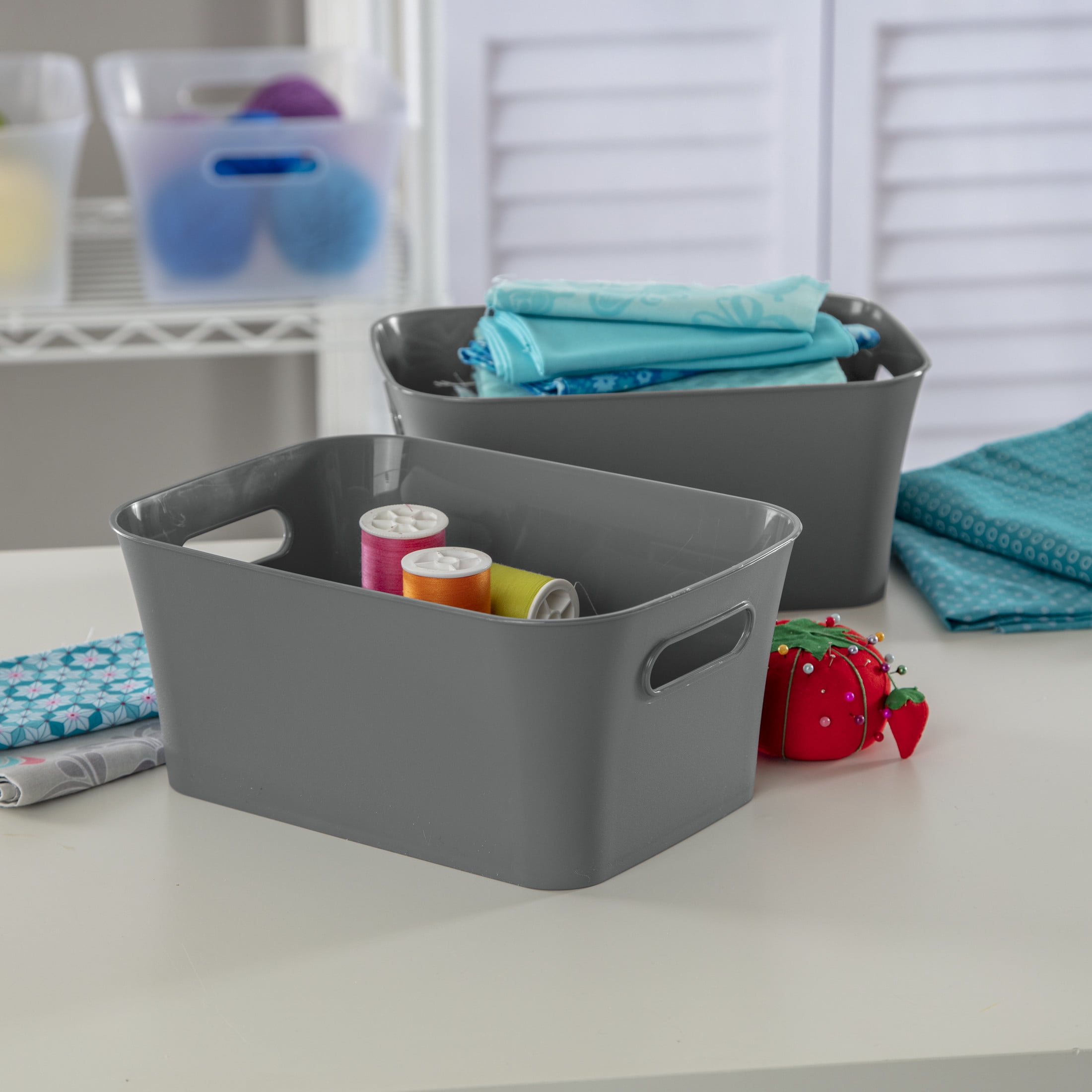 Mainstays Set of (2) Small Bins, Open Plastic Storage Containers, Versatile Stylish Organizers, Gray, 6 Pack