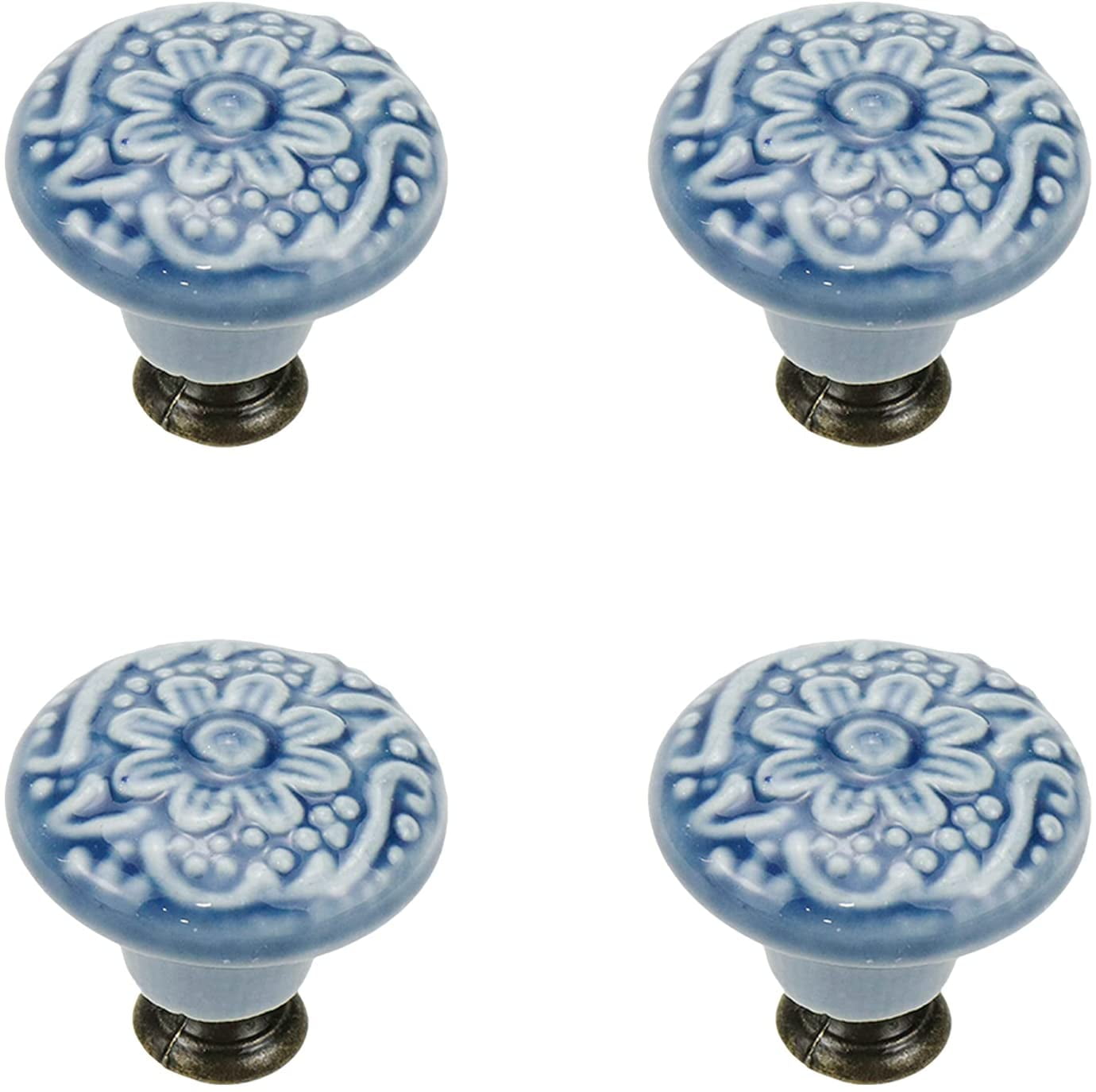 8 Pcs Round Ceramic Drawer Knobs Cabinet Furniture Handle Vintage Flower Pattern Knobs, with Mounting Screws, Green