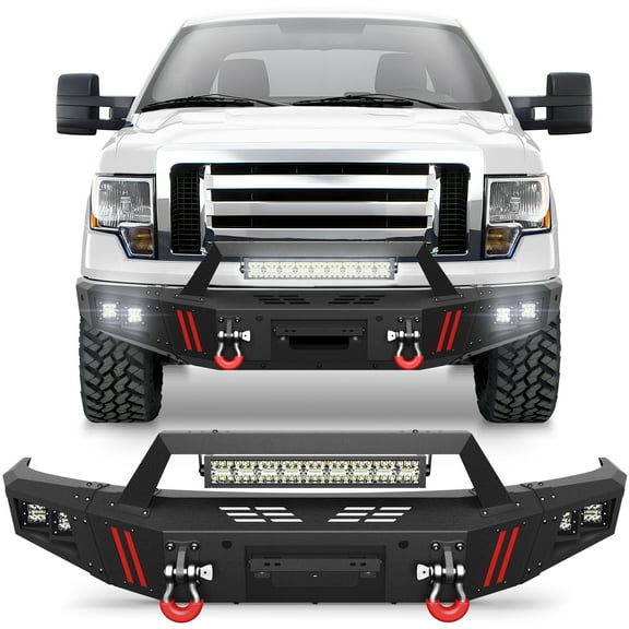 POFENZE F150 Front Bumper Compatible with Ford F150 2009-2014 Pickup Truck F150 Bumper with Winch Plate, Lights, D-rings, License Plate Bracket