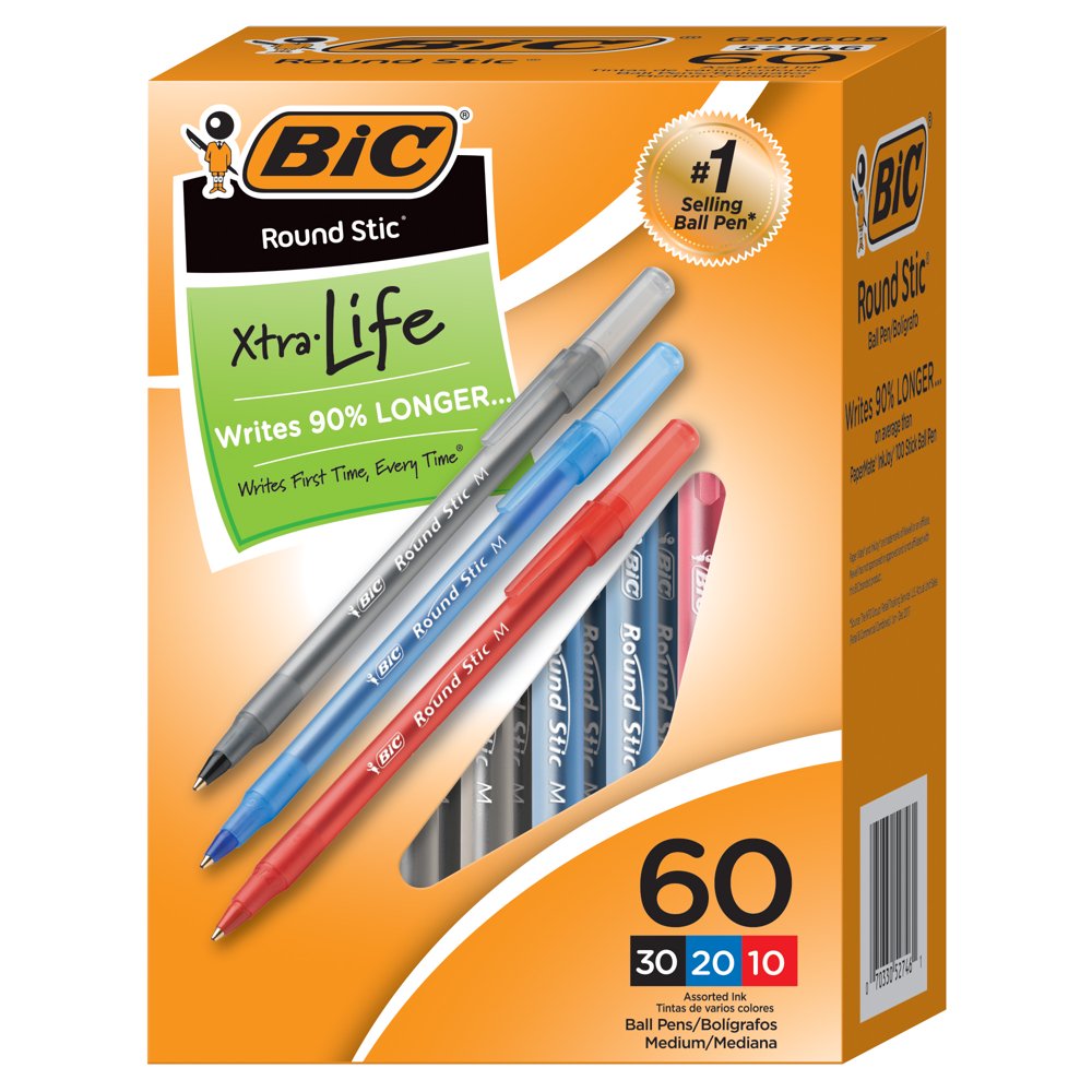 BIC Round Stic Xtra Life Ballpoint Pen, Medium Point (1.0mm), Assorted