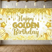 Yuan Ou Happy Golden Birthday Backdrop Large Gold Shiny Glitter Balloons Golden Birthday Banner Party Decorations Photo Booth Props