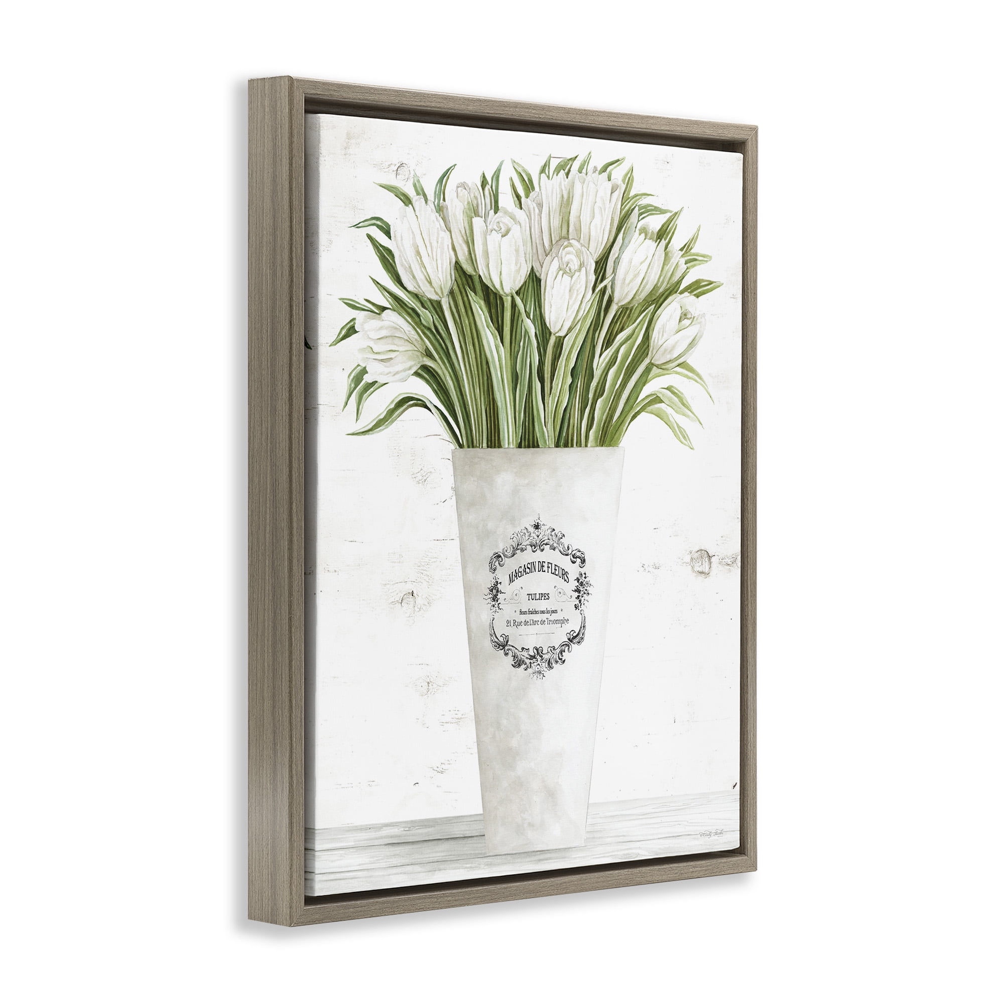 Stupell Industries Tulip Bouquet in Parisian Vase Botanical & Floral Painting Brown Floater Framed Canvas Art Print Wall Art, 17 x 21