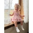 thumbnail image 4 of BemeyourBBs Newborn Baby Girl Summer Clothes Smocked Romper Dress Outfit Cherry Print Sleeveless Tie-up Romper Bodysuit with Bow Headband 2 Piece Set, 4 of 9