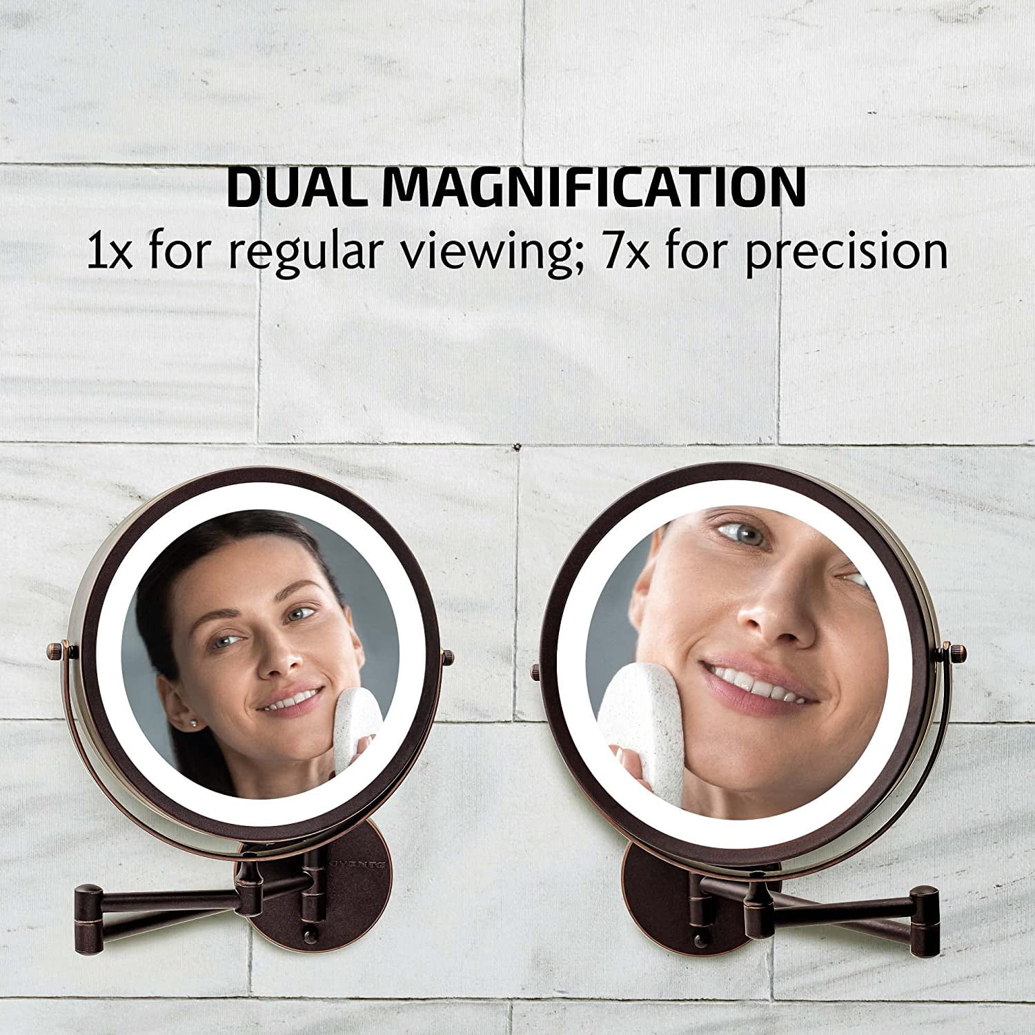 OVENTE Lighted Wall Mount Makeup Mirrors 8.5 Inch 1X 7X Magnifier Circular LED Double Side 360 Degree Extending Control Folding Arm Battery Powered Shave Vanities Large Antique Bronze MFW85ABZ1X7X