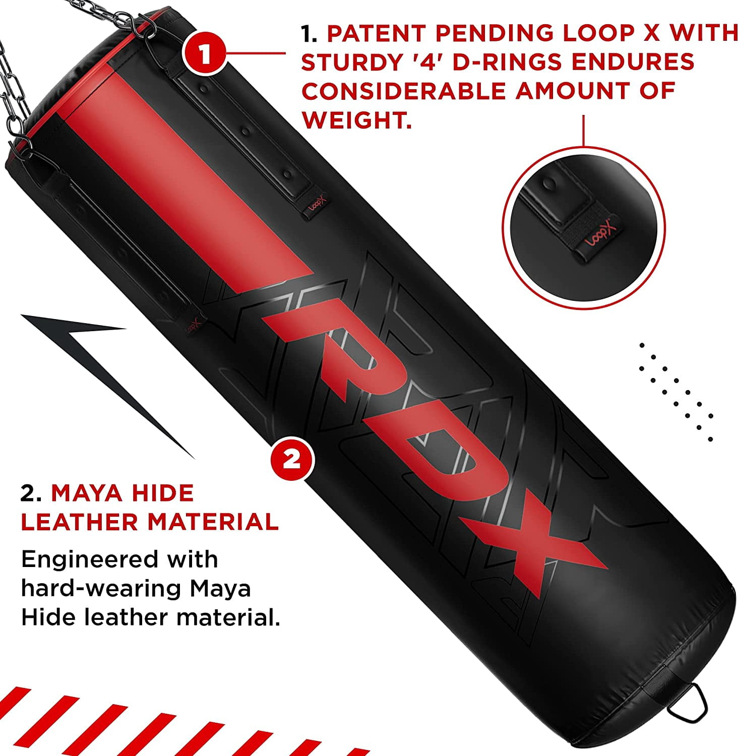 RDX Punching Bag Heavy Filled Anti Swing Set, Non Tear Maya Hide Leather Adult Bag Punching Gloves Chain, KARA Patent Pending, Kickboxing Boxing MMA Muay Thai Karate Training Workout, 60 lb, 80 lb