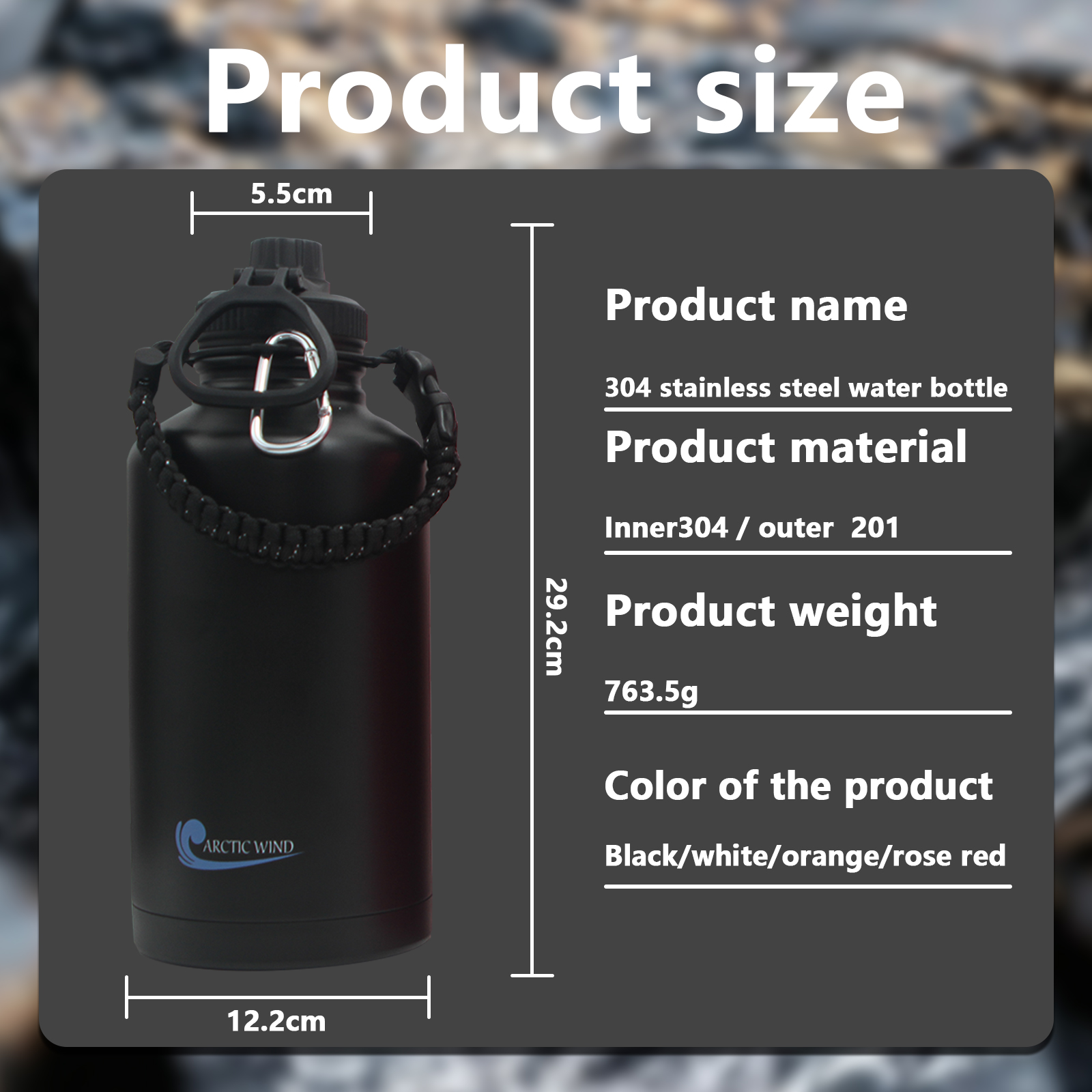 Arcticwind 64 oz Insulated Water Bottle, 304 Stainless Steel Leak Proof & BPA-Free, Half Gallon Water Bottle, Paracord Handle, 64oz Water Bottle Triple Wall Thermal Sweat-Proof Gallon Water Jug