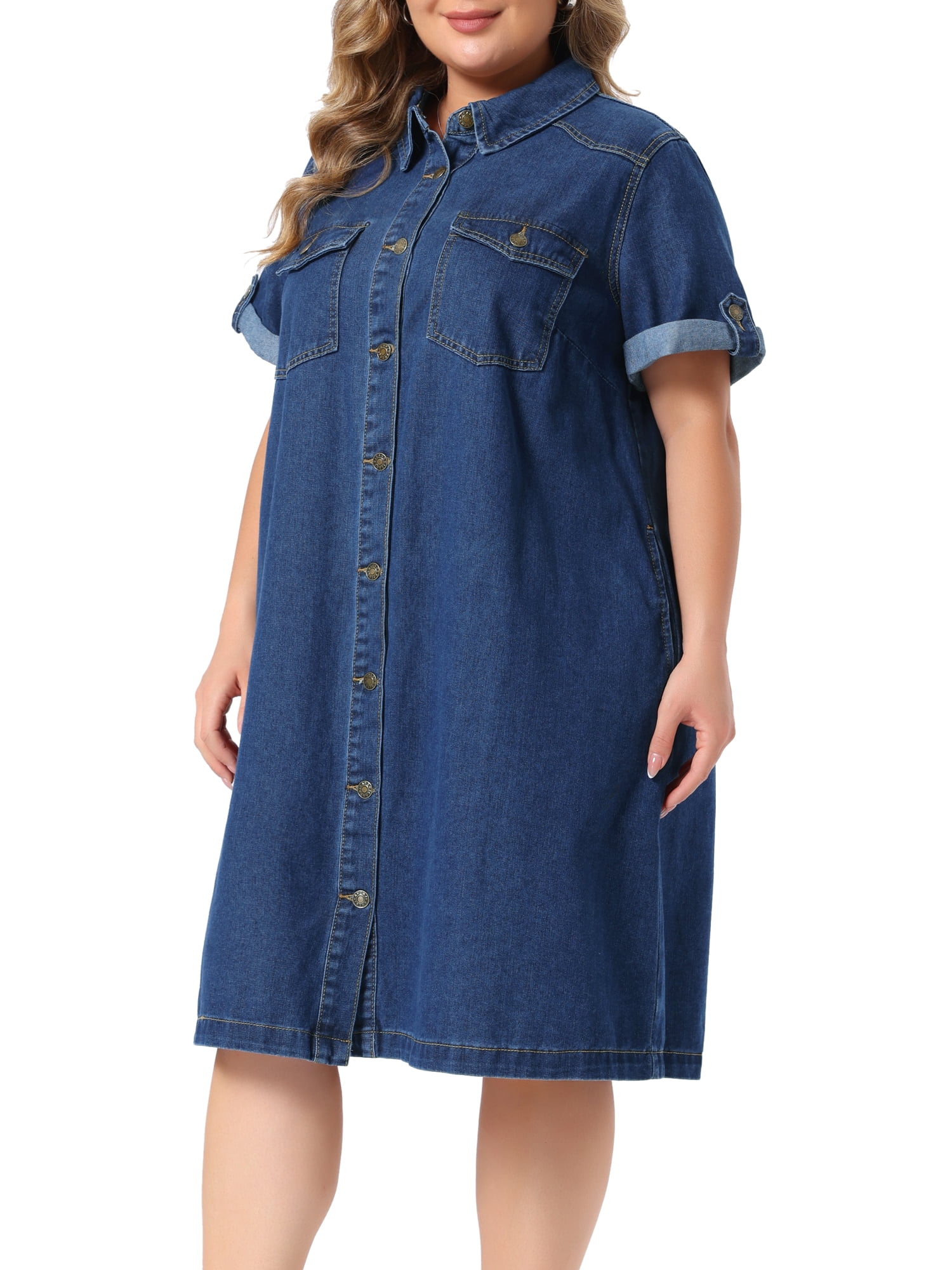 DARING DIVA Women's Plus Denim Button Down Short Sleeve Dress 1X Dark Blue