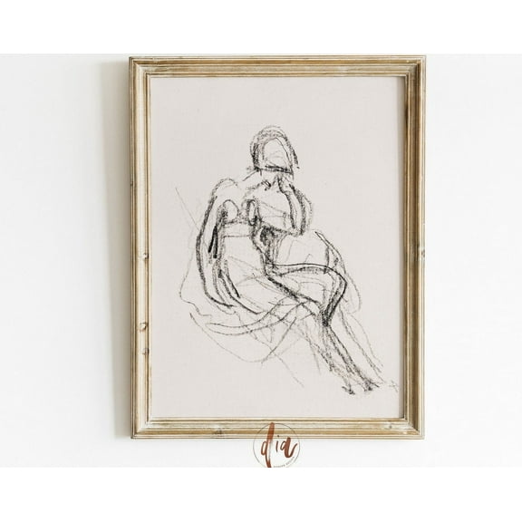 Abstract Figure Art, Vintage Drawing, Antique Sketch Of Seated Woman, Abstract Line Art, Minimalist Decor, Light Academia, Neutral Aesthetic Wall Art, Modern Wall Decor, 8x12 UNFRAMED