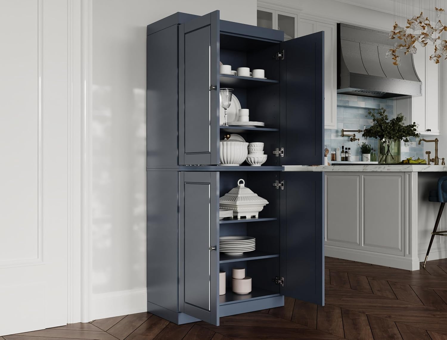 100% Solid Wood Kitchen Pantry Storage Cabinet with Doors and Adjustable Shelves,  Antique Blue