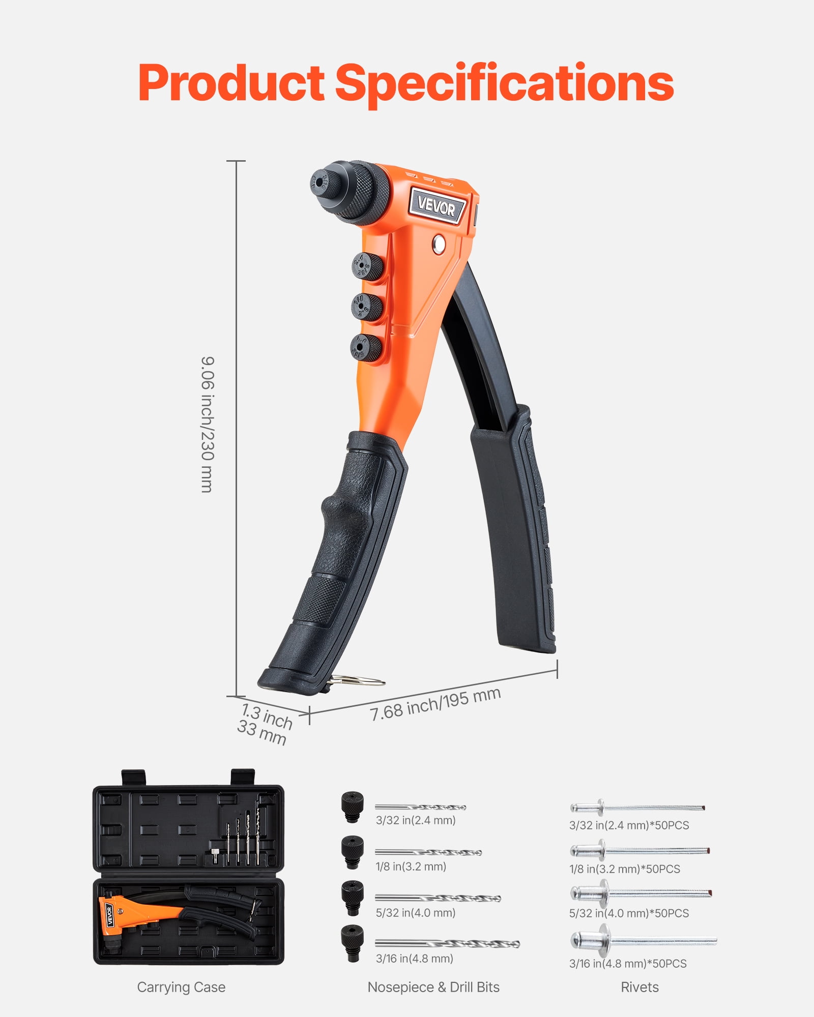 VEVOR Pop Rivet Gun Kit, with 200 Blind Rivets, Heavy Duty Single Hand Riveter with 4 Interchangeable Nosepieces, 4 Drill Bits, and a Carrying Case, Manual Riveting Tool for Metal, Automotive, Home