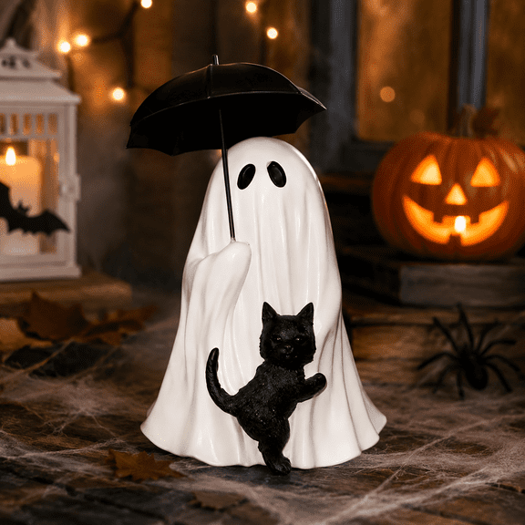 Halloween Ghost Figurine Resin Statue With Black Cat And Umbrella Cute Gothic Decor For Home Desk Shelf Tabletop Halloween Decoration white