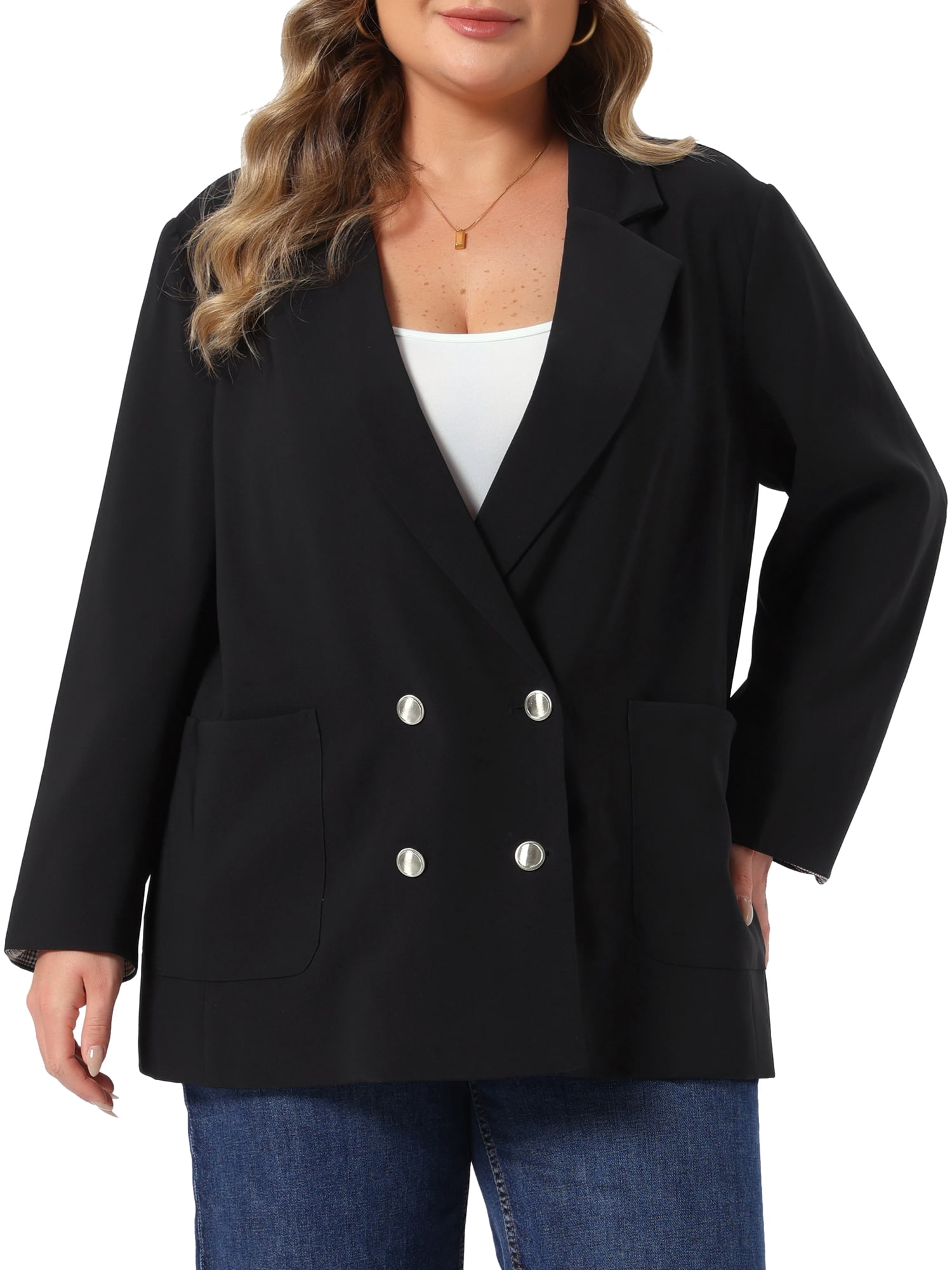 DARING DIVA Women's Plus Double Breasted with Rolled Blazer 3X Black