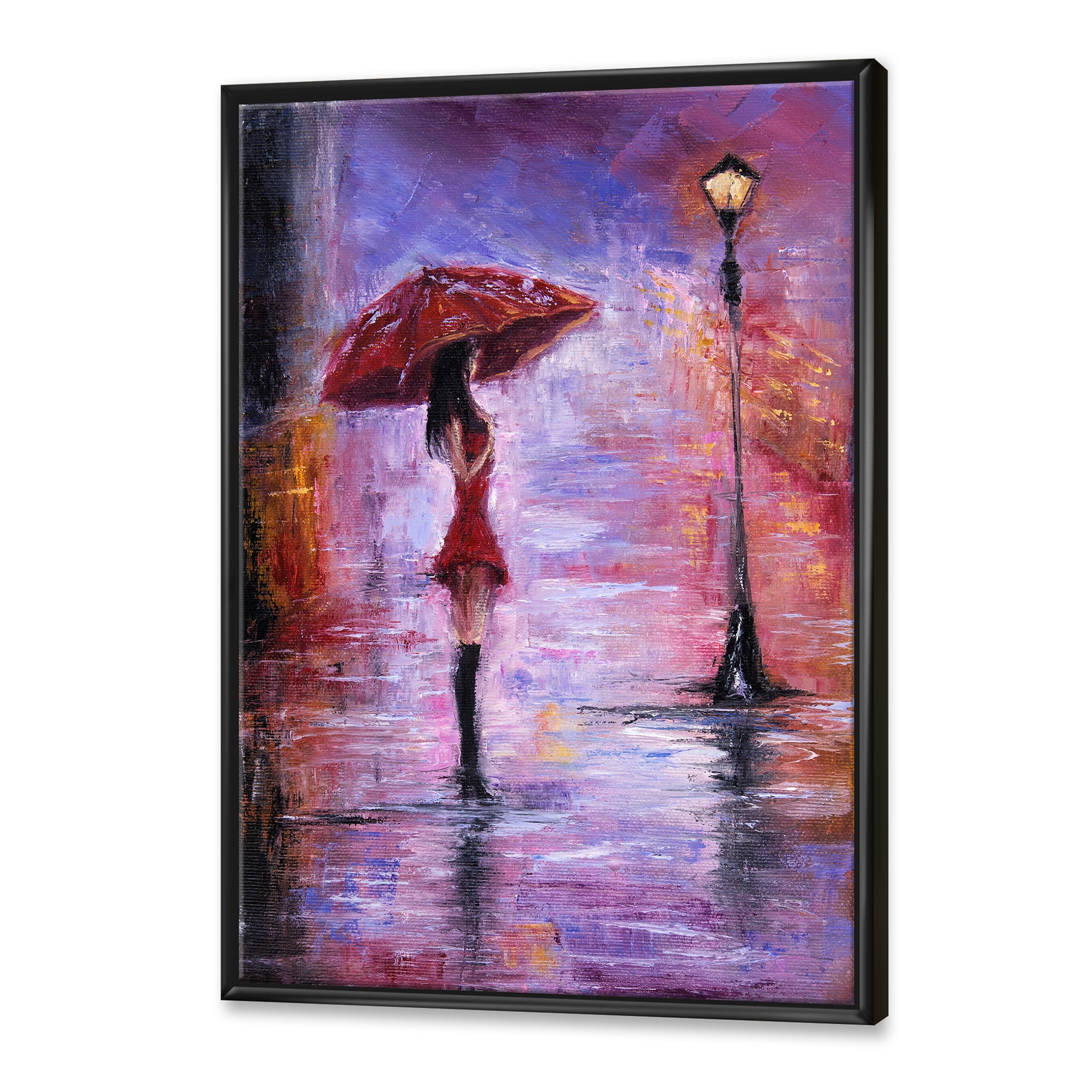 Designart 'The Girl With The Umbrella Walking In The Rain I' French Country Framed Canvas Wall Art Print