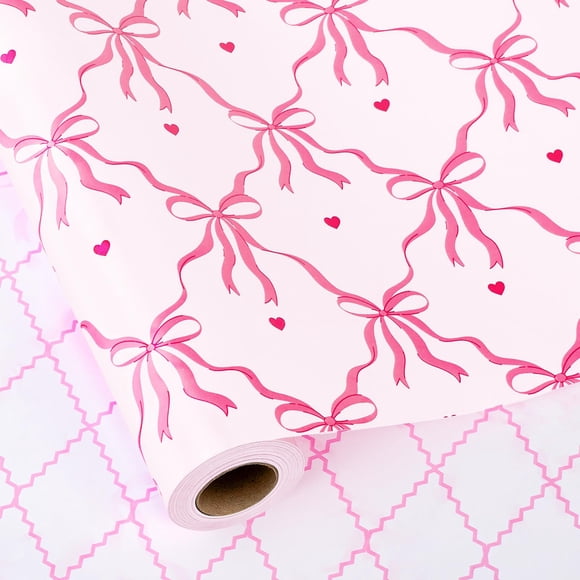 Rollo de papel de regalo Yarcony Pink Coquette Lazos reversibles