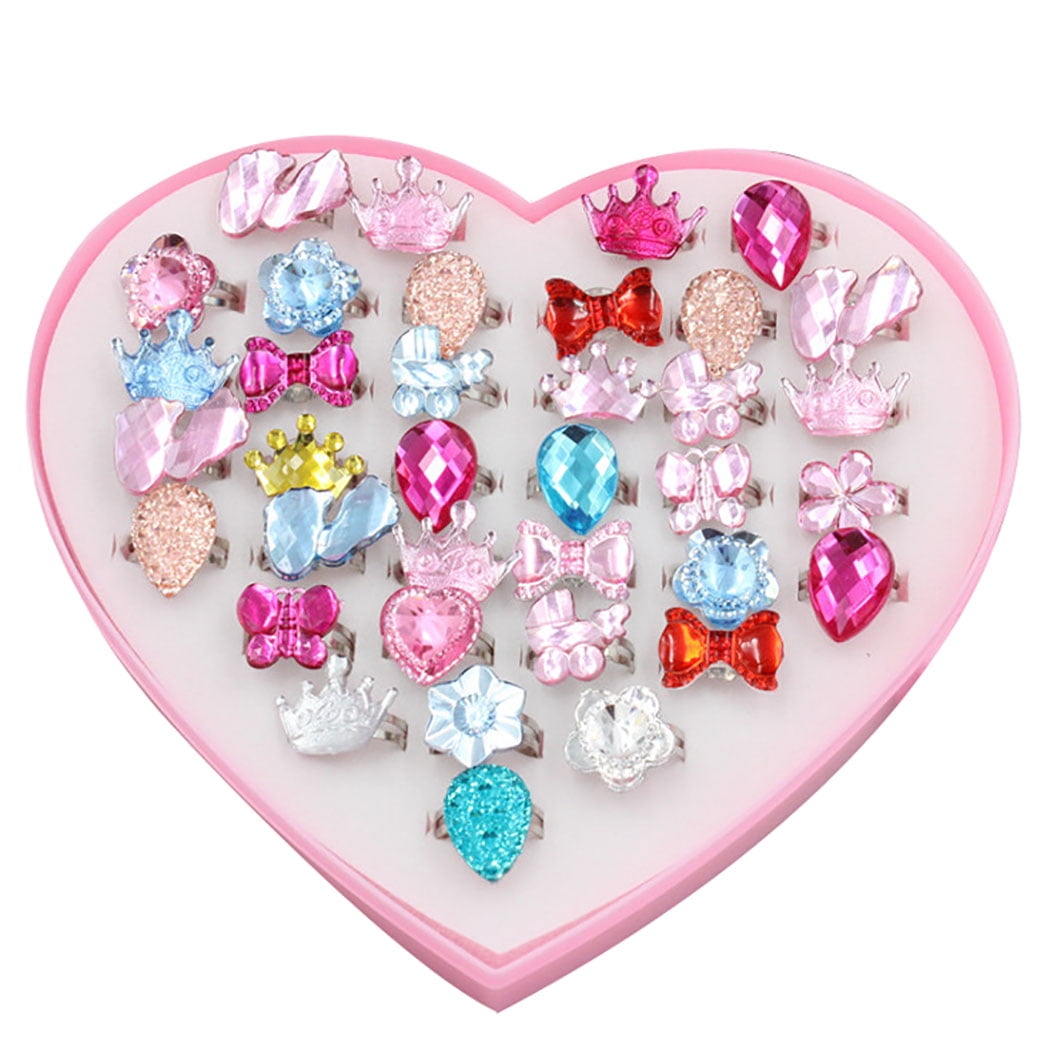 Nobrand 24pcs Kids Rings Cute Adjustable Crystal Rhinestone Princess Rings Toy Rings Multicolor