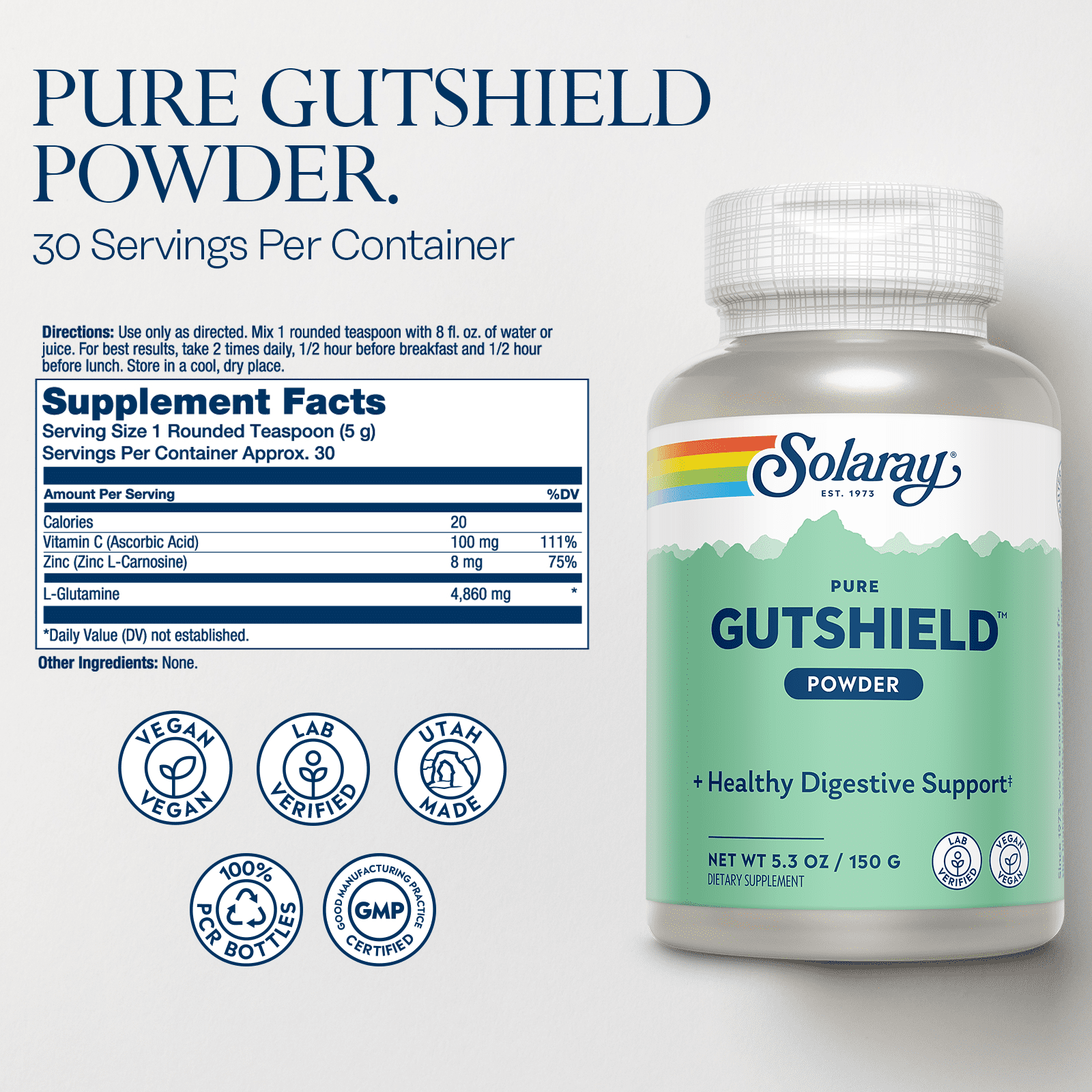 Solaray Pure GutShield Powder | Digestive Gut Health Support for Adults | L-Glutamine, Vitamin C, Zinc | 150g, 30 Serv.