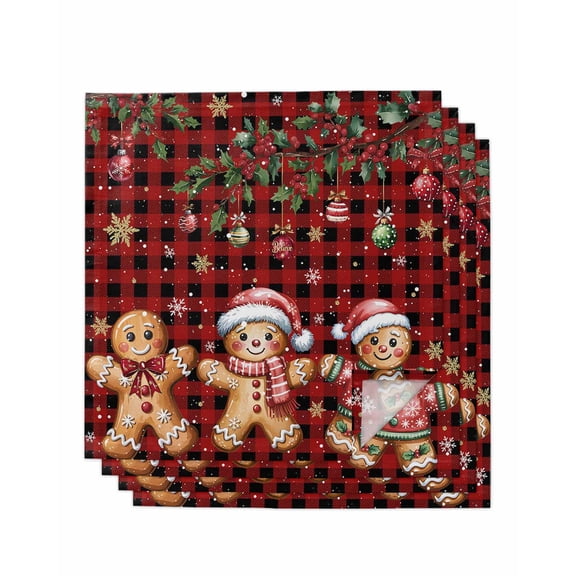 Gingerbread Christmas Cloth Napkins Set of 4 Reusable Dinner Napkins, Xmas Balls Branches Red Buffalo Plaid Cocktail Napkin Washable Table Napkins for Wedding/Holiday Party/Baby Shower 20"x20"