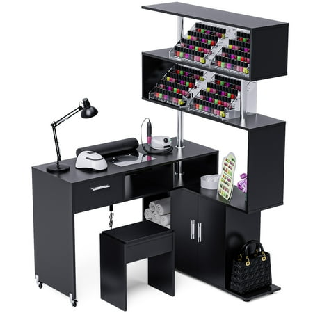 Advwin Versatile L-Shaped Manicure Table Nail Desk with Stool & Electric Downdraft Vent Black