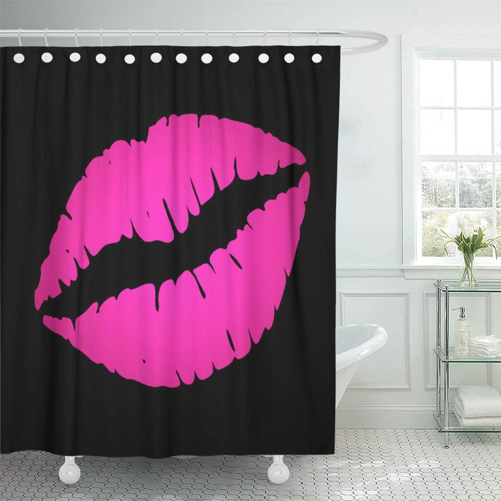 72X72" Pink Lady Shoes Make Up Rose Lipstick on Black Shower Curtain Bath Mat 