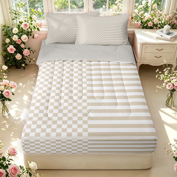 Manfei Geometric Check Zipper Twin Comforter Sets with Fitted Sheet and 2 Pillowcases,Modern Stripes Zipper Bedding Set,Beige White,Light Gray Reversible,4pcs