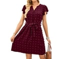 thumbnail image 3 of HUBERY Women Swiss Dot Notch V Neck Flutter Sleeve Tie Waist Solid Color Midi Dress, 3 of 7