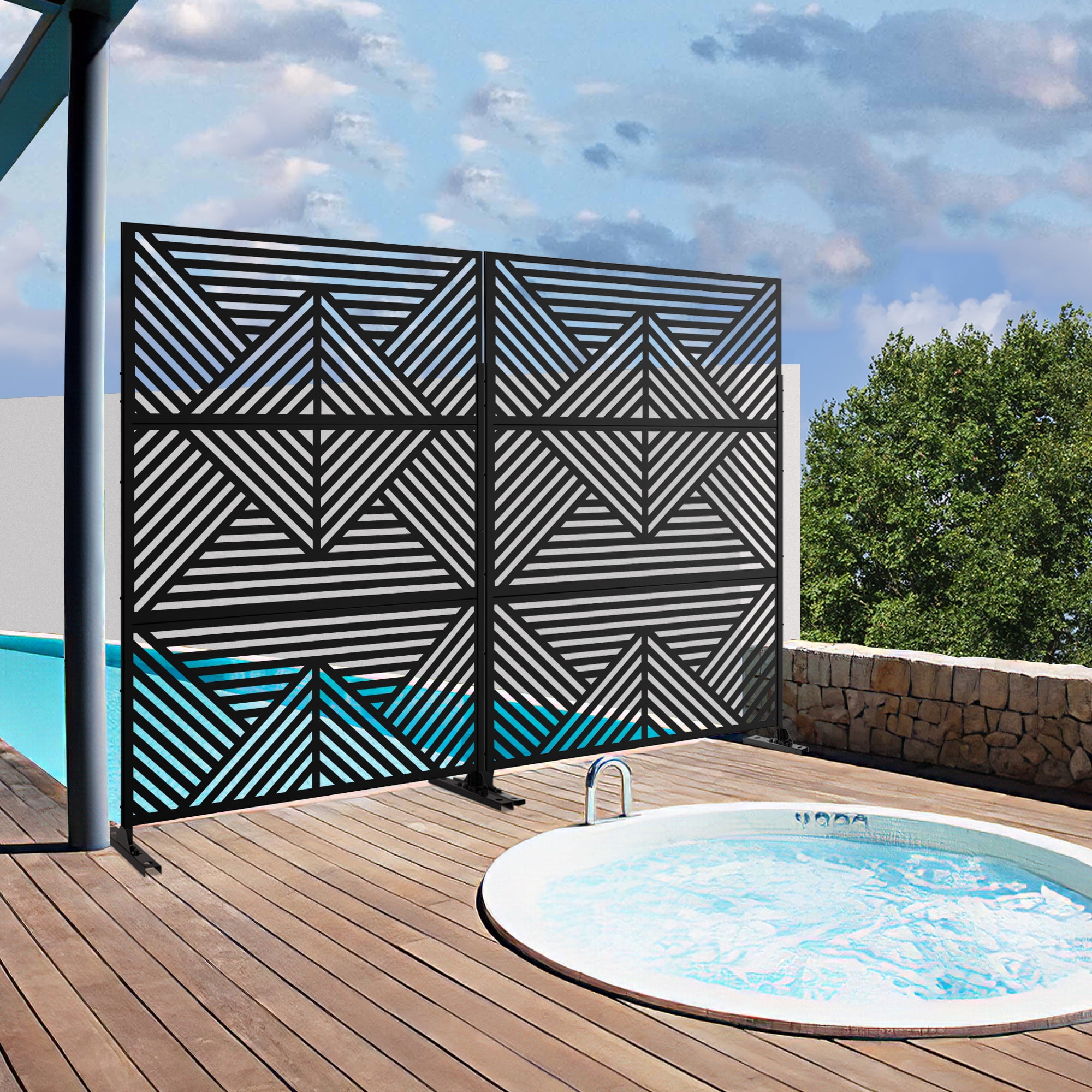 MAYEERTY 72*47" Outdoor Black Metal Privacy Panel Screen for Patio, Mountain Pattern