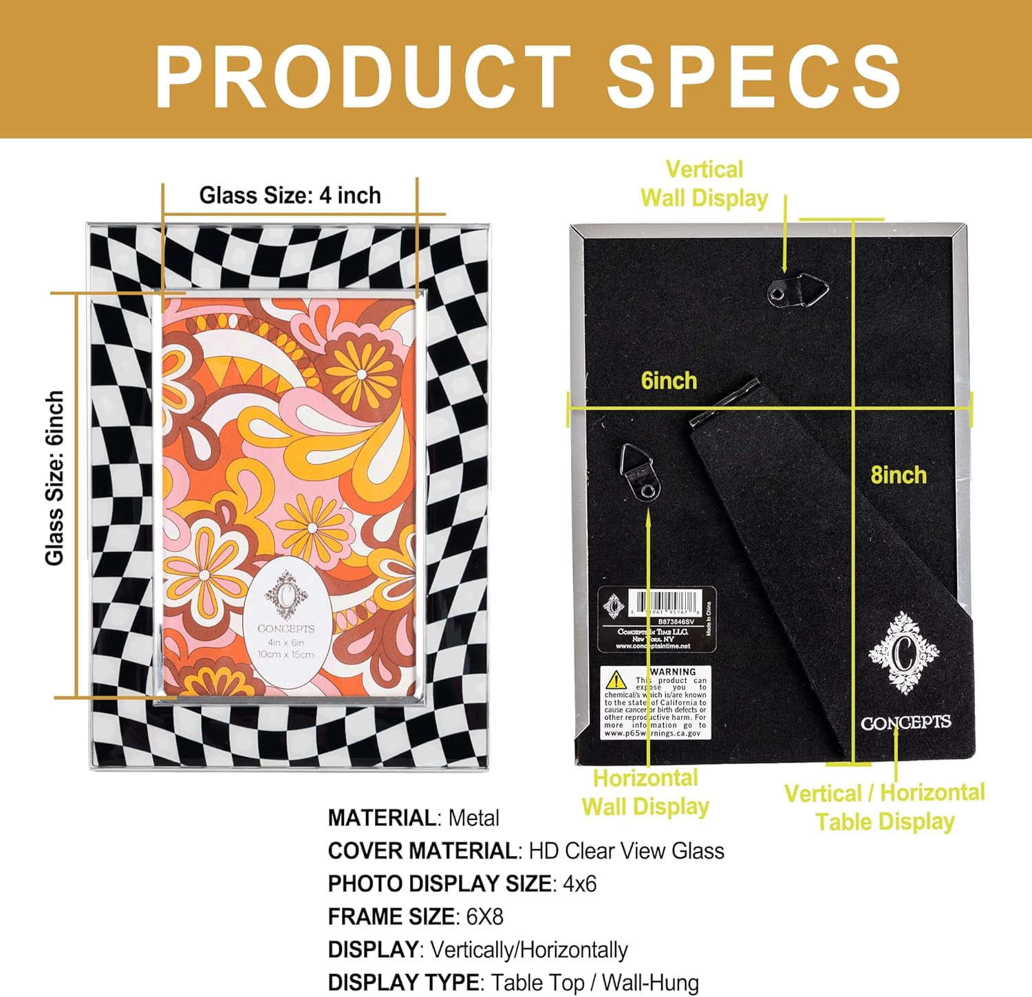 Concepts 4x6 Picture Frames Set of 4 Silver Checkered Retro Photo Frames, HD Glass, Wall Decor/Tabletop Display