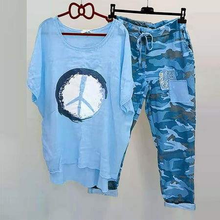 

HOMBOM Pajama Pants Summer Casual Print Crewneck Half Sleeve Pullover Shirt Tops + Pants Trousers Set Blue L(8)