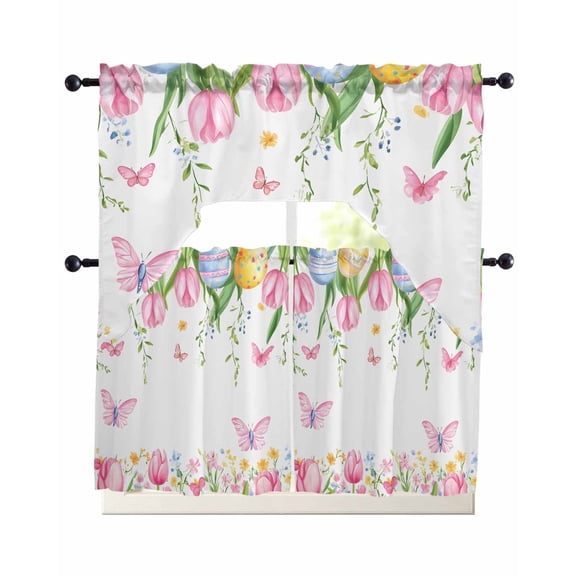 Pink Spring Floral Easter Kitchen Curtains Sets 36 Inch Length with Valance, Farmhouse Tulip Flower Swag Valances and Tiers Curtain Set Drapes Swag Curtains for Living Room, Bathroom, Bedroom, Cafe