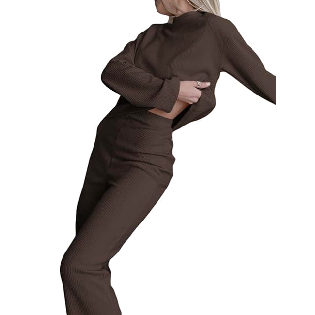 xiaxaixu Women's Spring Loungewear Set, Solid Color Ribbed Long Sleeve Tops + Elastic Waist Pants 2 Pieces Sleepwear