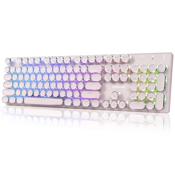 Redragon K710 Pink Wireless Typewriter Mechanical Gaming Keyboard, Bluetooth/2.4Ghz/Wired, RGB Led Backlit, Blue Switch - Clicky, Rechargeable, Solid Metal Panel, Round Keycaps,