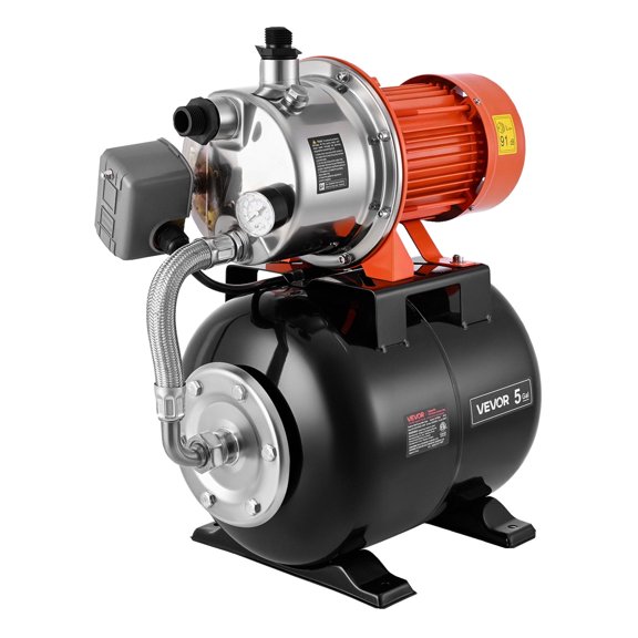 VEVOR 1.6 HP Shallow Well Pump with Pressure Tank, 120V 1320 GPH, Stainless Steel Irrigation Jet Pump with 5gal Tank, Automatic Water Booster System, 20/40 PSI Pressure Switch, for Home Garden Lawn
