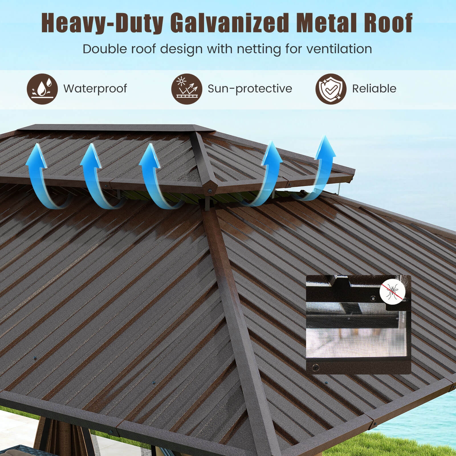 Costway 16 x 12 FT Hardtop Gazebo with Netting Heavy-Duty Double-Roof Galvanized Metal Top