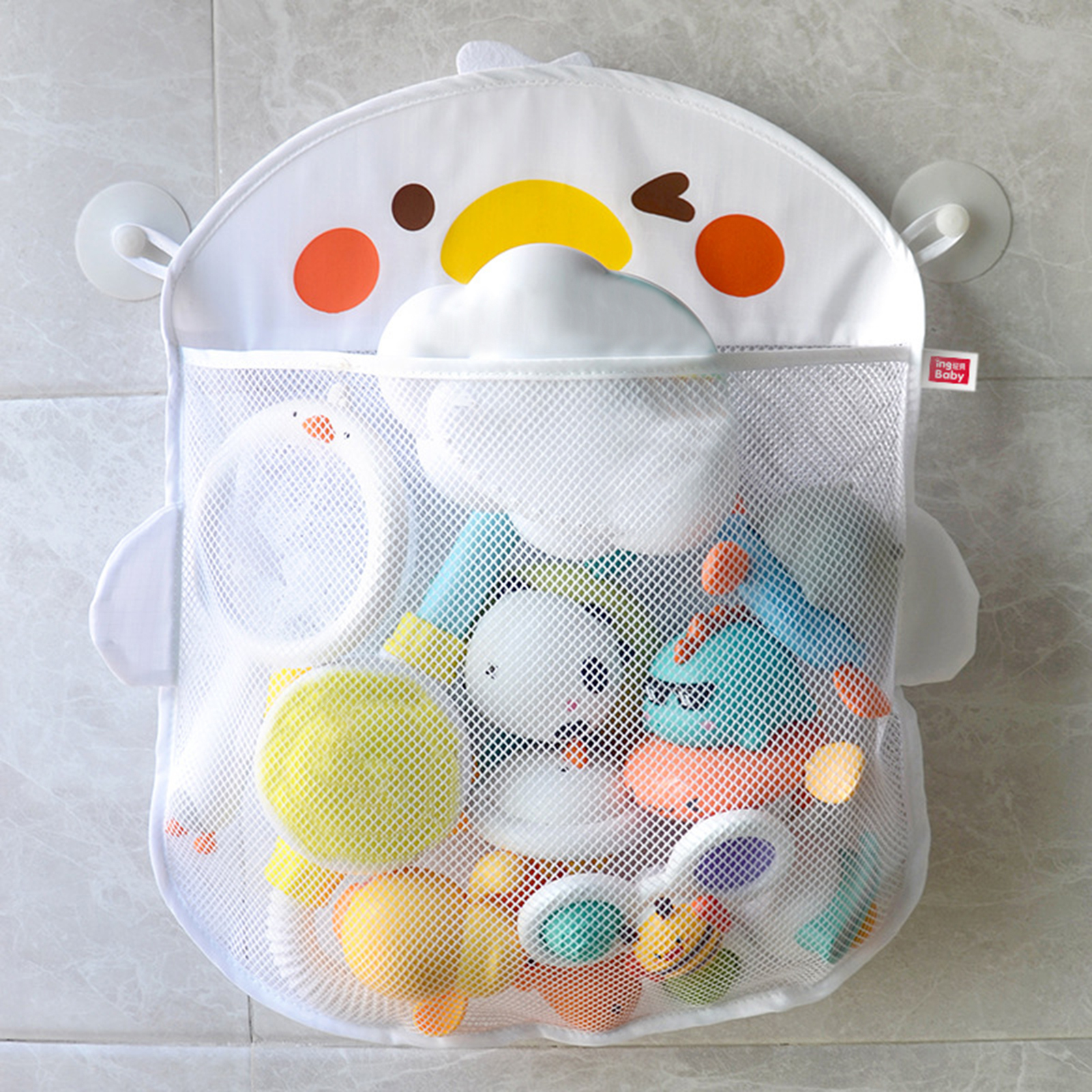 Bath Toys Organizer for Baby Bath Toys, Hanging Bath Toy Holder with Suction & Adhesive Hooks, 16.5x17" Mesh Net Shower Caddy for Bathtub Toys, Kids Bathroom letters & Toy Storage Bag