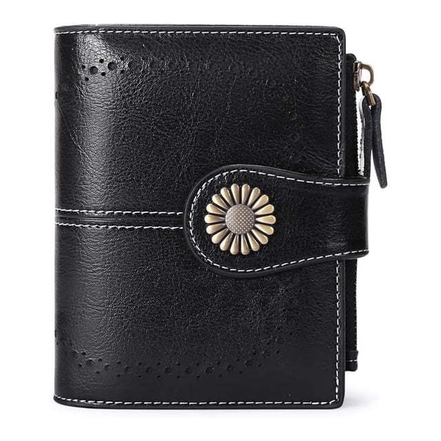 Cartera de cuero para mujer, billetera de tres pliegues, monedero de cuero encerado con aceite y ventana para identificación, tarjetero con cremallera y hebilla de moda