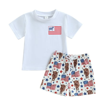 

Sunisery Toddler Baby Boys Summer Independence Day Outfit Sets White Short Sleeve T shirt Tops Cattle Head Shorts 6-12 Months