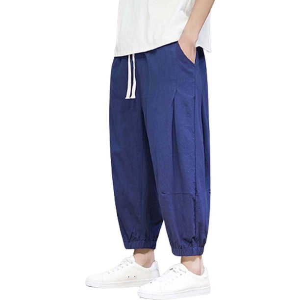 Pantalones informales de verano de algodón rectos y holgados para hombre - Transpirables, color liso, cintura elástica - Para el día a día/trabajo