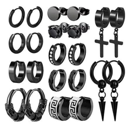 K-KED 11 Pairs Men Earrings Set Black Stainless Steel Cross Dangle Ear Stud Piercing -default