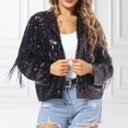 thumbnail image 2 of XFLWAM Women's Tassel Sequin Jacket Long Sleeve Fringe Denim Jacket Lapel Collar Coat Casual Solid Color Tops S, 2 of 4