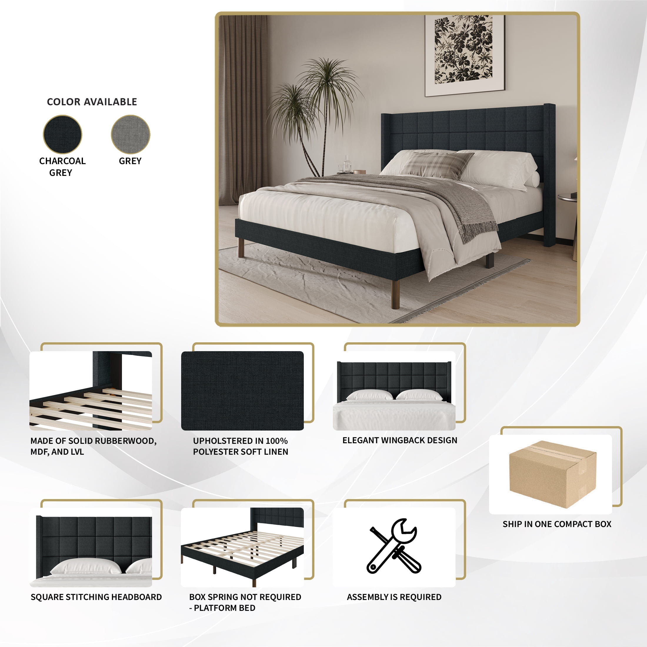 Castle Place Square Grid Stitched Linen Wingback Queen Platform Bed, Light Grey