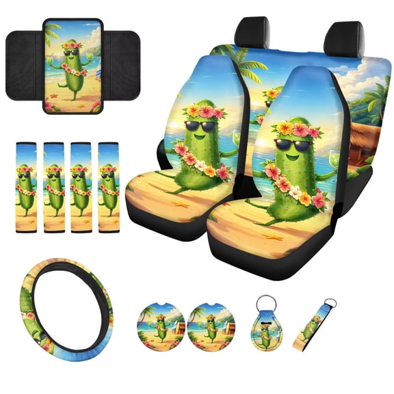 Chririnla Tropical Hawaii Pickles Car Seat Covers Set,14 PCS Funny Front and Back Seat Protector for Men Steering Wheel Seat Belt Cover Armrest Coasters Fit Most Cars