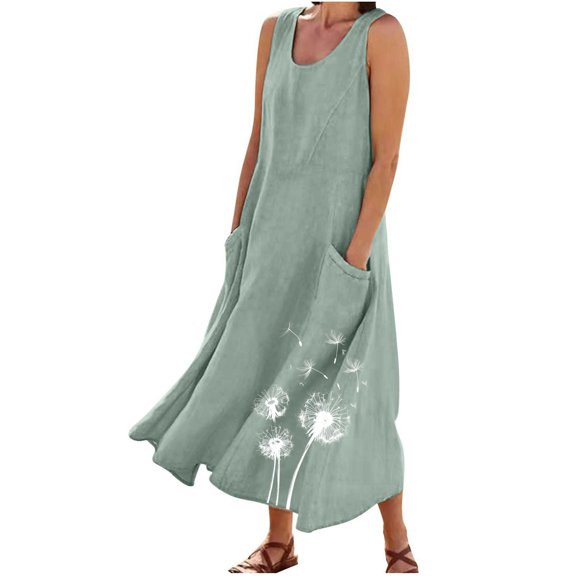 gakvbuo Summer Tank Dress For Women Maxi Dress Sundress Linen Dress Women's Summer Casual Solid Color Sleeveless Round Neck Pocket Dress Skirt