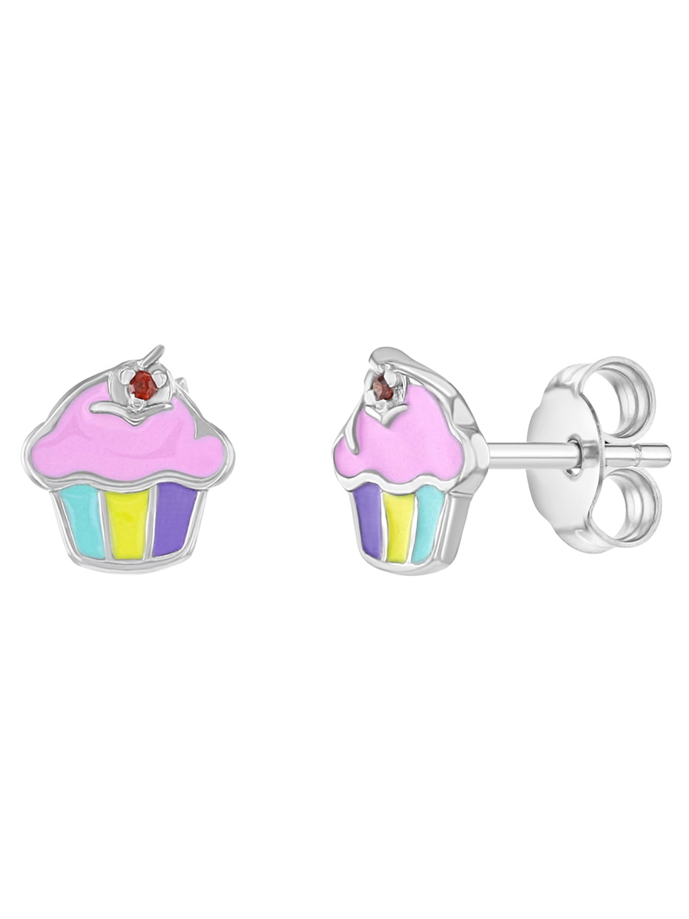 925 Sterling Silver Multicolor Enamel Cupcake Set Necklace Earrings Girls 16" 