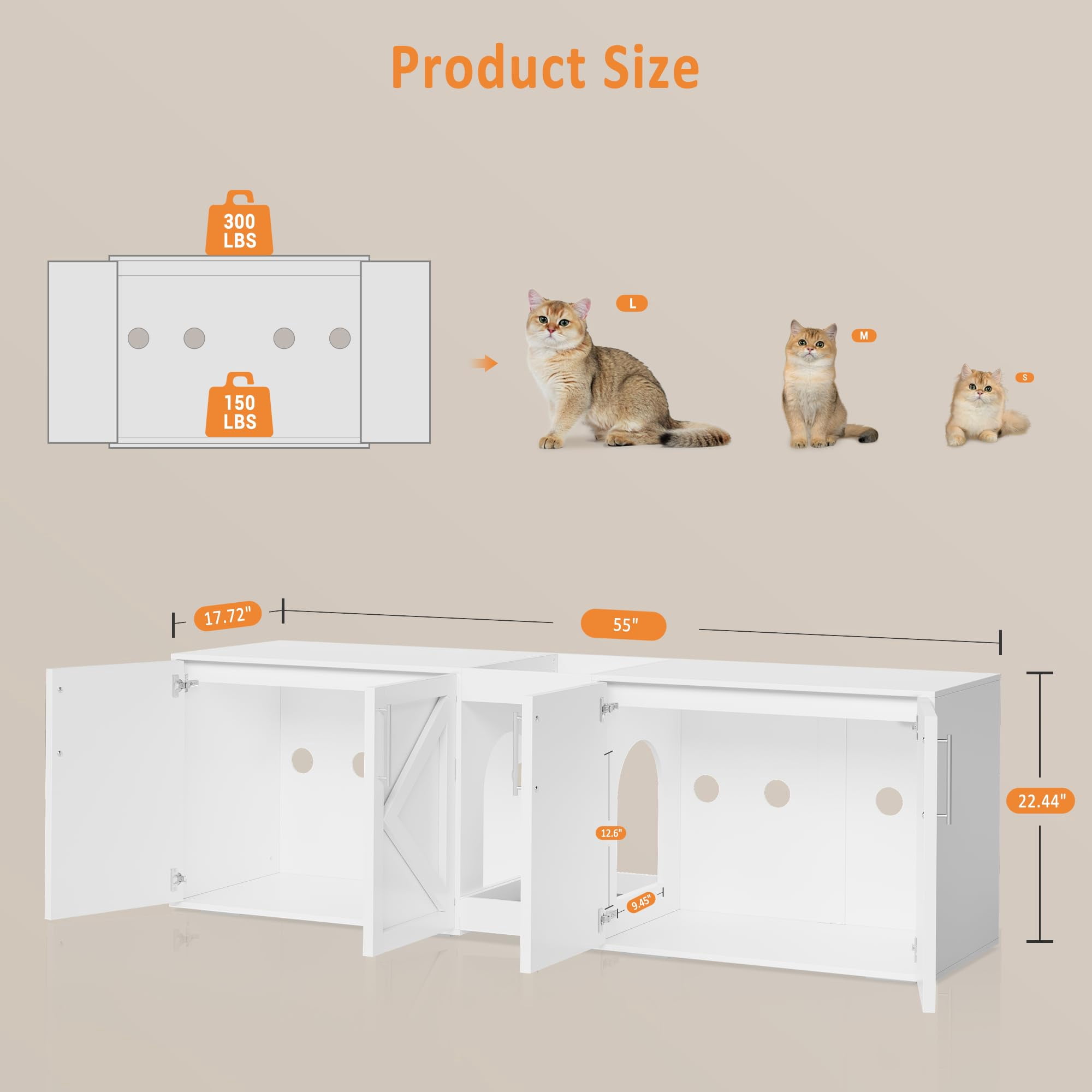 55" Large Cat Litter Box Enclosure for 2 Cats,Litter Box Enclosure with Double Cage,Hidden Cat Litter Box Furniture with Double Room and Cushion,Wooden Kitty Litter Box Cabinet Furniture,Cat House