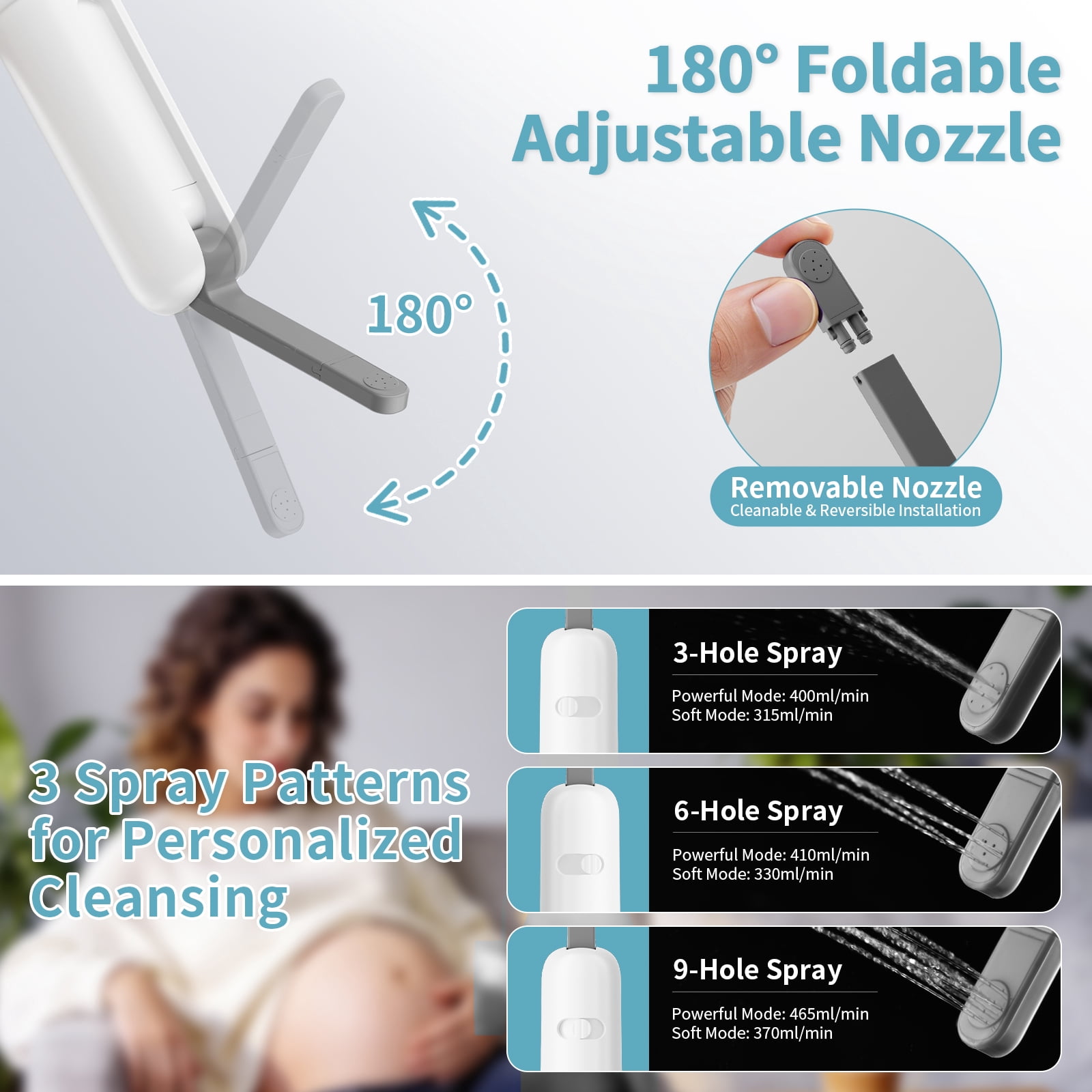 Rechargeable Portable Electric Bidet with 260ML Reservoir and 9 Cleaning Modes (White & Gray)