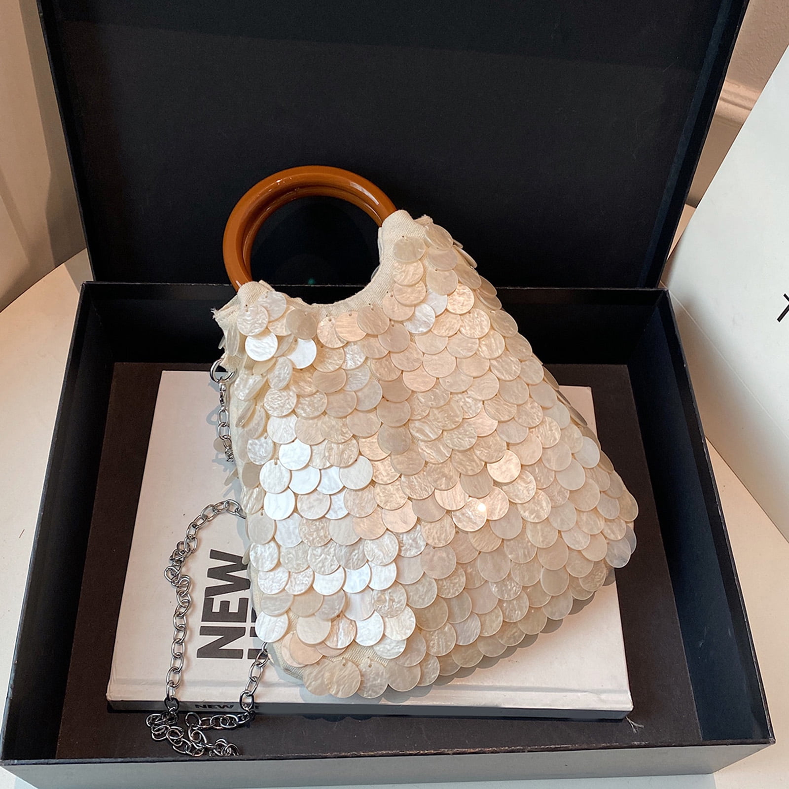 Daily Clutch Handbag Lightweight Handmade Natural Seashell Purse with Handle Detachable Shoulder Strap for Women Beach Party Vacation (S)