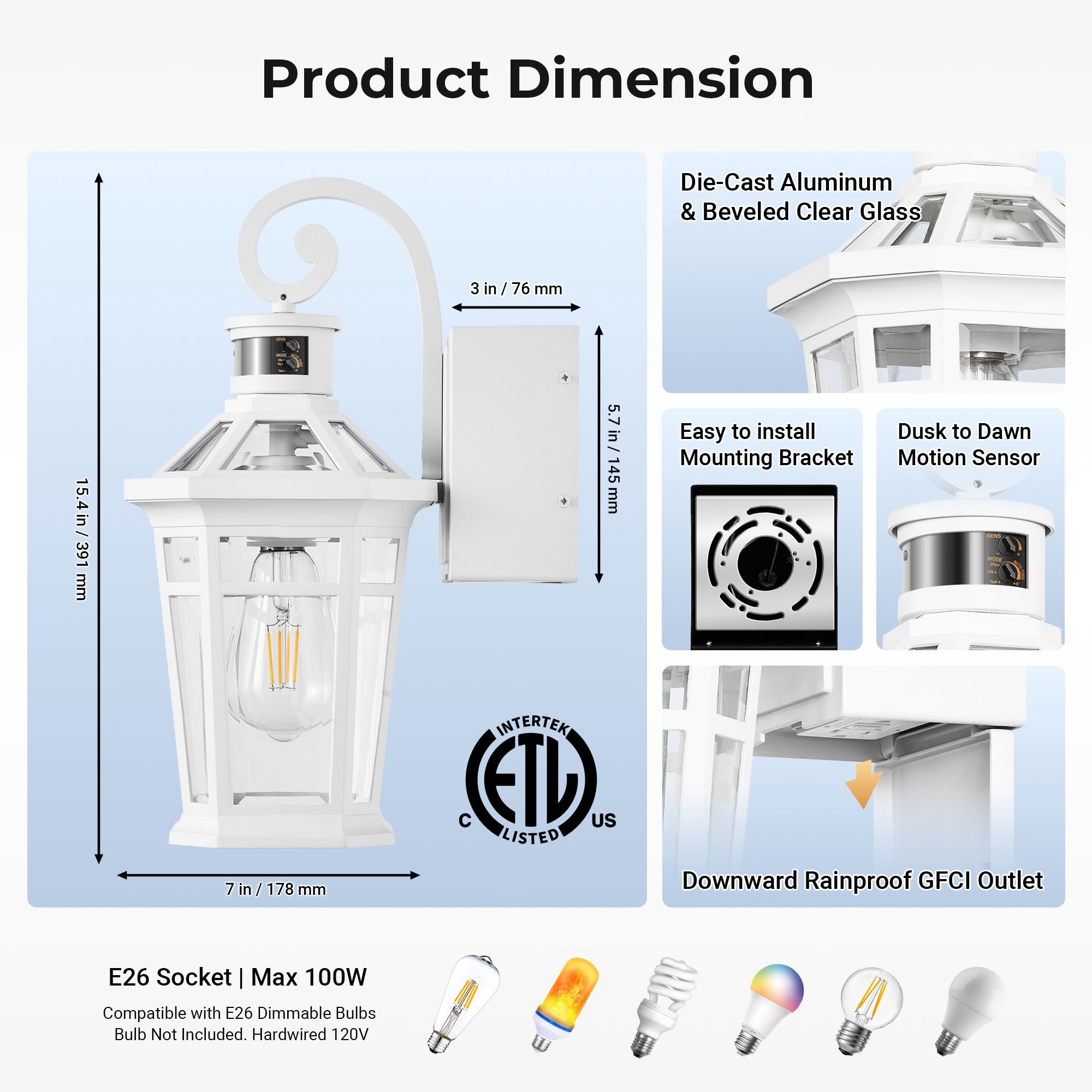 OPAIXS Motion Sensor Porch Light Outdoor with GFCI Outlet, White Exterior Lighting Fixtures with Outlet, Adjust Sensitivity Outdoor Wall Lantern with Beveled Glass, Waterproof, Anti-rustic