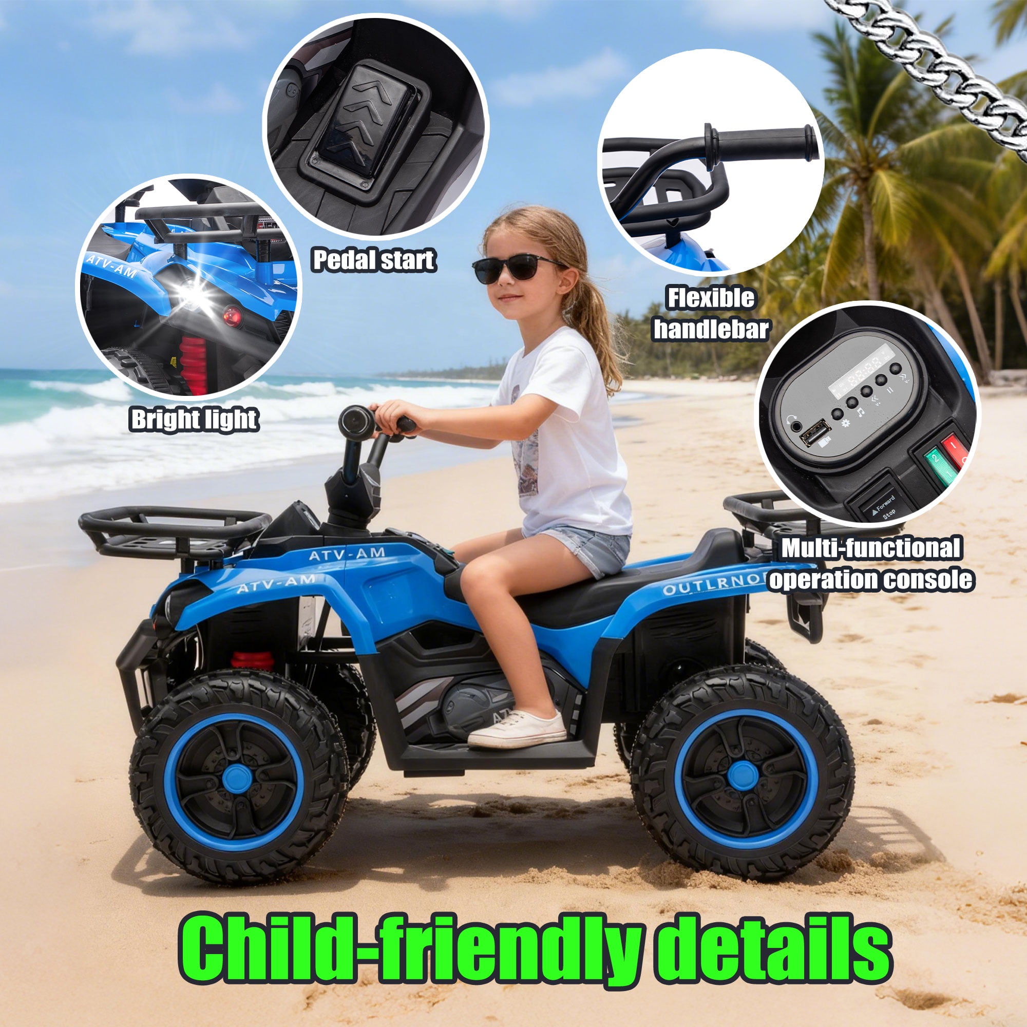 iYofe 24V Big Kids Ride on ATV Quad, Electric 4 Wheeler for Kids 3-6 with Battery Display, Anti-Slip Tires, LED Headlights, Bluetooth, MP3, Storage Racks, Gifts for Birthday & Christmas, Blue