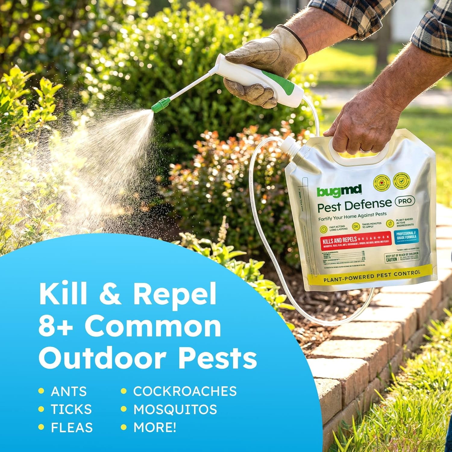 BugMD Pest Defense Pro Peppermint Oil Bug Spray & Mosquito Repellent Outdoor Patio - Ant Killer & Tick Spray for Yard | Plant Powered Electric Sprayer Wand Kit