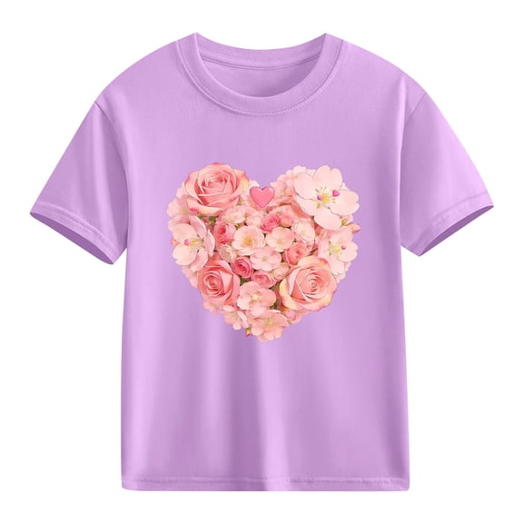 Kids Valentine's Day Shirt Girls Heart Floral T-Shirt Purple Short Sleeve Cotton Cute Top Ages 4-12,Size 7 T